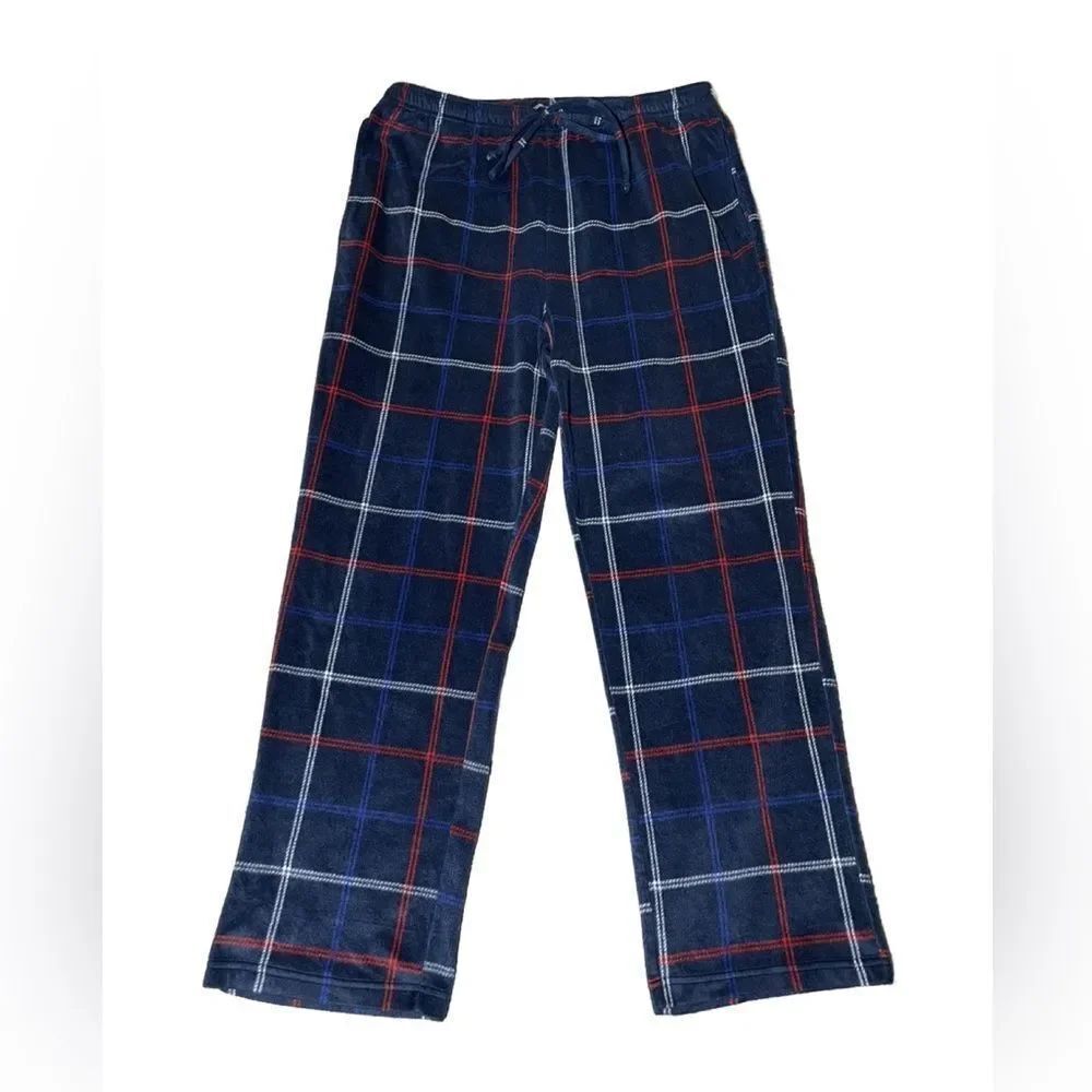 Nautica Sleepwear Men’s Blue, Red & White Plaid Fleece Pajama Pants (Size: L)